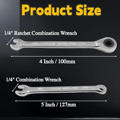 1/4 Inch Ratcheting Wrench 2 Pcs 72-Tooth 12-Point Chrome Plated | Forged 45# Carbon Steel Durable, 5-Degree Arc For Tight Spaces, 12-Point Protects Fasteners, Polished Chrome Anti-Rust - size: 1/4 Inch