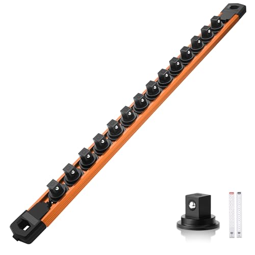 Reniteco Magnetic Socket Organizer, 3/8” Aluminum Alloy Rail, 14 Clips | Heavy-Duty Socket Rails, Removable 360° Swivel ABS Clips, Magnetic Base, Tool Box Drawer or Wall Mount - color: Orange, size: 3/8-inch Drive