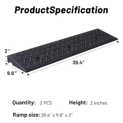 2 Pack Rubber Curb Ramps Driveway ramp, 2" H, 39.4" L, 9.8" W, Heavy Loading (6600LB)/3 Ton Capacity, Threshold, Motorcycle, Loading, Bikes, Wheelchairs Ramps - size: 2" Rise