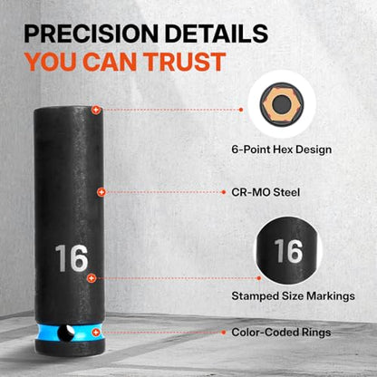 BLACK CANYON 14-Piece 1/2" Drive Deep Impact Socket Set, Metric 6-Point Sockets, Cr-Mo Impact Grade Steel, Heavy-Duty Storage Case for Automotive, Truck & Equipment Repair - size: 14 Piece
