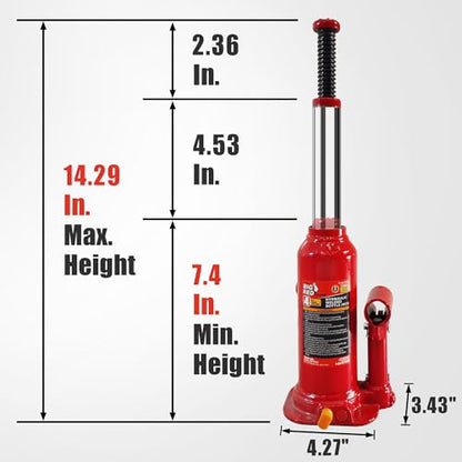BIG RED T90403B Torin Hydraulic Welded Bottle Jack, 4 Ton (8,000 lb) Capacity, Red - color: Red, size: 4 Ton
