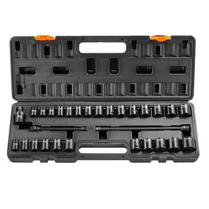 VEVOR 3/8" Drive Impact Socket Set, 29 Piece Shallow Socket Set SAE 3/8"-1" and Metric 8-22mm, 6 Point CR-V Alloy Steel for Auto Repair, Easy-to-Read Size Markings, Rugged Construction, Storage Case - style: 3/8" 29PCS CR-MO