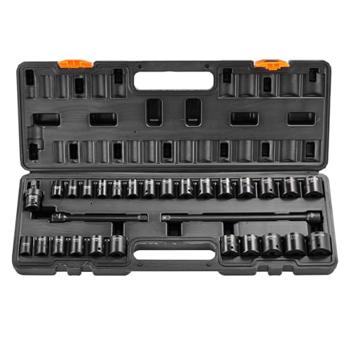 VEVOR 3/8" Drive Impact Socket Set, 29 Piece Shallow Socket Set SAE 3/8"-1" and Metric 8-22mm, 6 Point CR-V Alloy Steel for Auto Repair, Easy-to-Read Size Markings, Rugged Construction, Storage Case - style: 3/8" 29PCS CR-MO