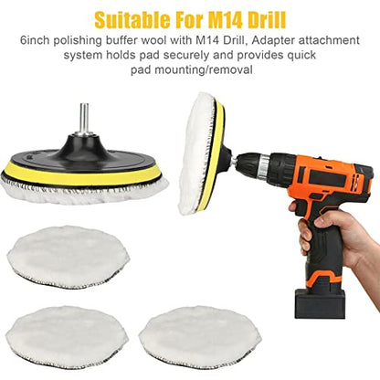 Buffer Polisher Pad Made of Wool - Wheel Mop Kit for car Detailing Drill Adaptor | Pack of 5 pcs - car buffers and Polishers kit is Practically Durable & Reusable - Drill Adapter.