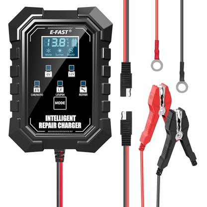 E-FAST 1.5A Smart Car Battery Charger,Lifepo4 Lead Acid 6V and 12V Automotive Charger,Automobile Trickle Charger,All in 1 Battery Maintainer,for Motorcycle AGM Lawn Mower Boat Marine Batteries