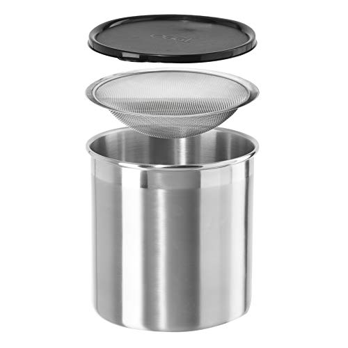 Oggi Stainless Steel Jumbo Grease Container with Removable Strainer and Snug Lid. Perfect container for fryer oil, bacon drippings, lard and ghee oil. Large capacity can - 1 Gall / 4 Qt / 3.75 Lt - size: 4 Quarts