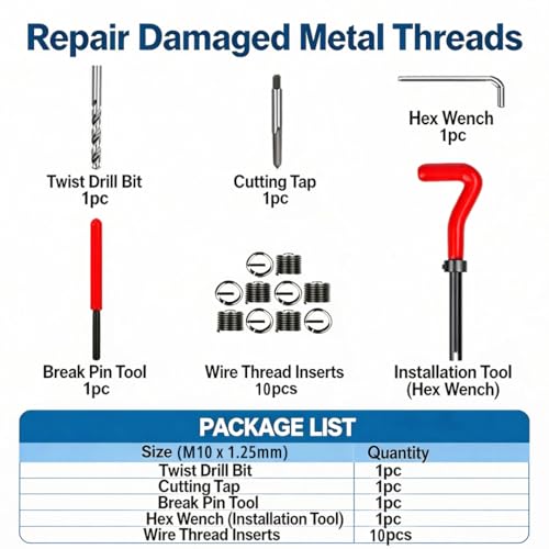 M10 X 1.25 Thread Repair Kit, Metric Helicoil Kit with HSS Drill Bit, 10PC Wire Thread Inserts - size: M10 x 1.25mm