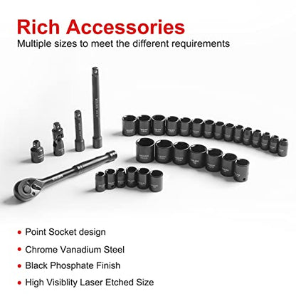 WIILDIS Impact Socket Set, 33-Piece, 3/8" Drive Socket Set with 72 Teeth Reversible Ratchet Wrench, CR-V, 6 Point, SAE/Metric, 5/16 Inch - 7/8 Inch, 6mm - 24mm, Mechanic Tool Kits for Men - size: 33-Piece