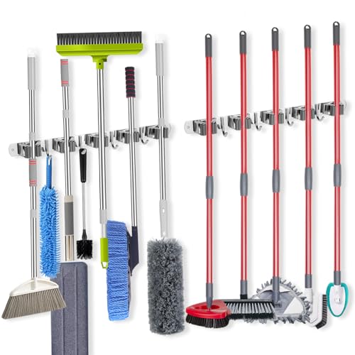 voze [2 Pack] 5 Racks and 4 Hooks Mop and Broom Holder Wall Mount, Self Adhesive Heavy Duty Broom Organizer Storage Tool Racks for Kitchen Garden Laundry Garage, 304 Stainless Steel, Silver - color: Silver, size: 5 Racks 4 Hooks 2 Packs