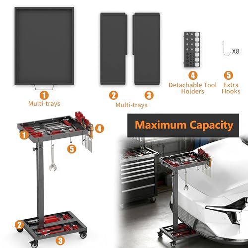 DEHOYI Adjustable Height Metal Tool Cart with Wheels, Heavy Duty Rolling Mechanic Tool Tray for Garage, Workshop (Black)