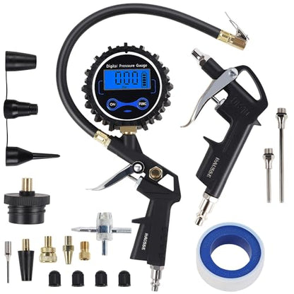 Hausse Heavy Duty Compressor Accessory Kit - Digital Tire Pressure Gauge with Inflator, Blow Gun and Hose Fittings, 1/4" NPT Air Tool Kit - size: Digital Gauge