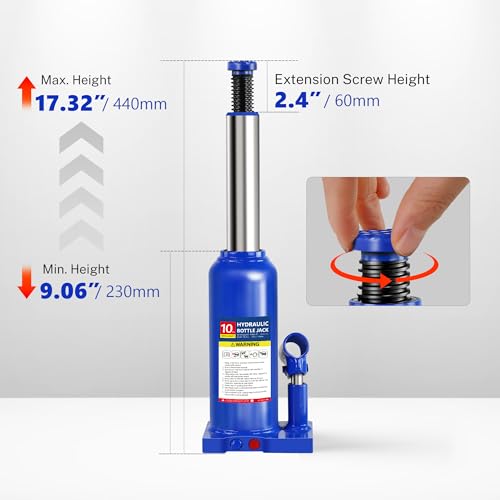 10T Hydraulic Bottle Jack, 20,000 lbs, with Tire Kit | Welded steel jack for box trucks & farm equipment. 9.06"-17.32" lift. Carry case. - color: 10 Ton Basic with Tire Repair Kit