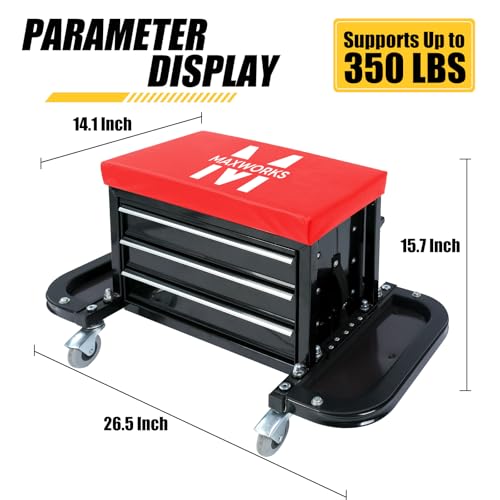MaxWorks MW-0206 3-Drawer Rolling Tool Chest Seat – 350 lb Capacity Heavy-Duty Mechanic Stool with Magnetic Trays, Tool Rack, and Padded Cushion for Garage & Workshop