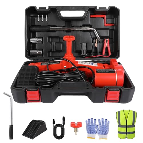EFFIROSO Premium 10 in 1 Electric Scissor Jack Enhanced Safety 3 Ton Car Jack Kit Automatic 12V Tire Repair Kit for Sedans SUV Tire Replacement - color: red