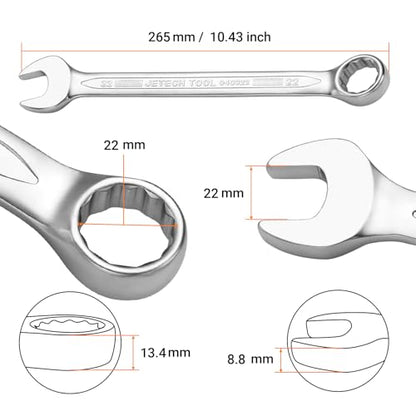 Jetech 22mm Combination Wrench, Metric 12-Point Chrome Vanadium Steel Spanner, Industrial Grade with 15-Degree Offset, Sand Blasted Finish, Heat-Treated Forged Tool - size: 22mm