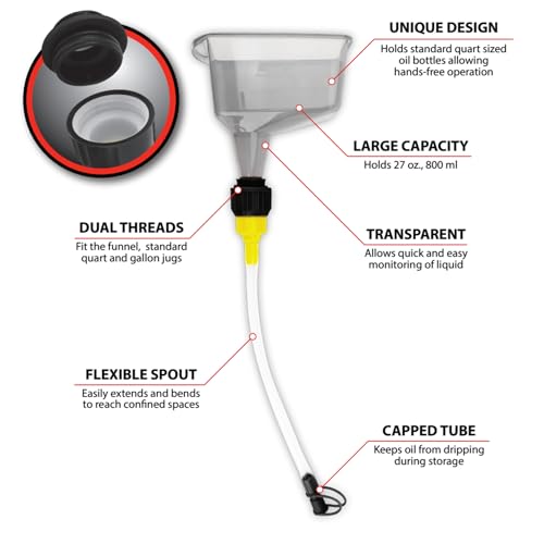 Performance Tool W4090 1 Qt. Flexible Spout Funnel w/On/Off Valve - Transparent Polypropylene, Fits Quart Bottles, Oil, Coolant, Transmission Fluid, Automotive Funnel, Gray