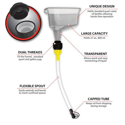 Performance Tool W4090 1 Qt. Flexible Spout Funnel w/On/Off Valve - Transparent Polypropylene, Fits Quart Bottles, Oil, Coolant, Transmission Fluid, Automotive Funnel, Gray