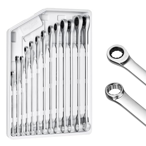 toolant 13PCS Extra Long Ratcheting Wrench Set SAE 5/16"-1" 90-Tooth | 90-tooth ratchet with 4° swing arc, CR-V steel construction and extra-long design provide smooth access and higher torque - size: 13pcs 5/16-1"
