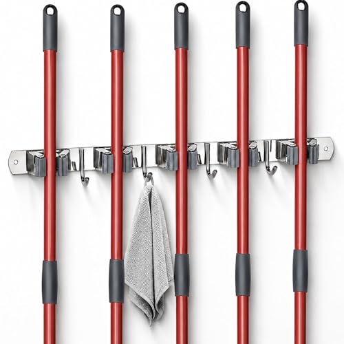 voze 5 Racks and 4 Hooks Mop and Broom Holder Wall Mount, Self Adhesive Heavy Duty Broom Hanger Organizer Storage Tool Racks for Kitchen Garden Laundry Garage - color: Silver, size: 5 Racks 4 Hooks