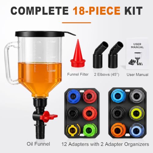 18-Piece No Spill Engine Oil Funnel Kit, Universal 1.59QT Funnel Set with 12 Adapters & Magnetic Trays, Leak-Proof for Ford Toyota Honda BMW GM Cars Trucks SUVs