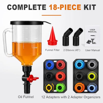 18-Piece No Spill Engine Oil Funnel Kit, Universal 1.59QT Funnel Set with 12 Adapters & Magnetic Trays, Leak-Proof for Ford Toyota Honda BMW GM Cars Trucks SUVs