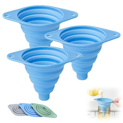 Kitchen Funnel Set 3 Pack, Collapsible Silicone Funnels for Filling Water Bottles & Small Bottles | Food-Grade, Easy Clean & Space-Saving (Blue) - color: blue