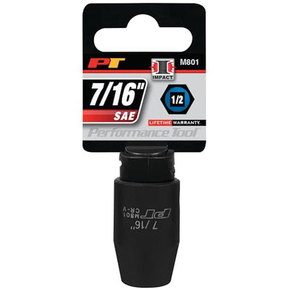 Performance Tool M801 1/2 Drive 7/16 6-Point Impact Socket for Heavy-Duty Automotive Repairs and Maintenance - size: 7/16", style: Impact