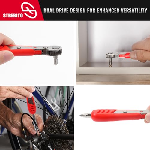 STREBITO Right Angle Screwdriver 14 Piece Mini Ratchet Set, Offset Screwdriver Low Profile Ratchet Screwdriver Set with 1/4 Ratchet, Hex, Phillips, and Torx, EDC Bit Driver for Tight Spaces, Bike - color: 14 in 1 With Zipper Pouch