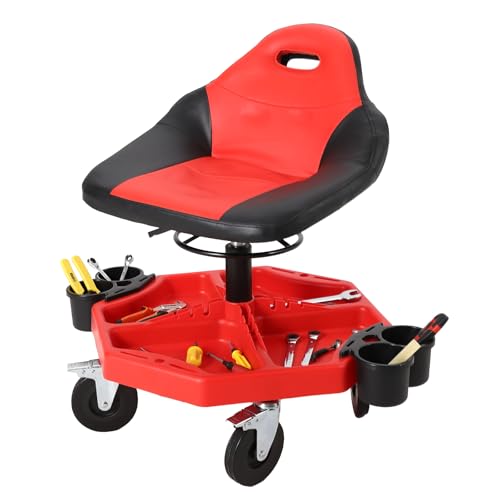 TrailBlaze Adjustable Rolling Mechanic Creeper Seat – 19"-24" Height, 300 lbs Capacity, Ergonomic Padded Garage Stool, 5-Inch Wheels, Removable Magnetic Tool Tray, 360° Swivel Casters - color: Red, size: Advanced