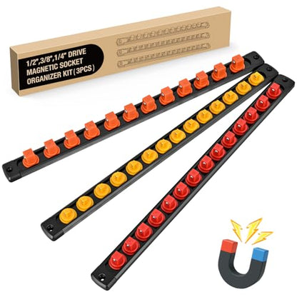 GOOACC Magnetic Socket Organizer 1/4" 3/8" 1/2" Socket Holder Set with 40 360° Swivel Clips Heavy Duty Aluminum Socket Rail Organizer for Tool Box Drawer, 3 Pieces Drive Magnetic Socket Rails Holders - size: Rail Magnetic 3PC 1/4"3/8"1/2"Orange Red Yellow