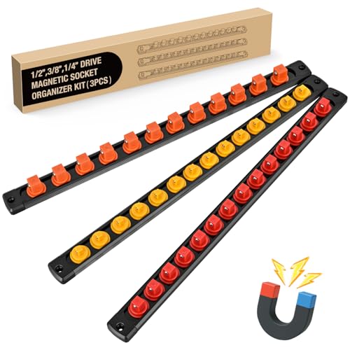 GOOACC Magnetic Socket Organizer 1/4" 3/8" 1/2" Socket Holder Set with 40 360° Swivel Clips Heavy Duty Aluminum Socket Rail Organizer for Tool Box Drawer, 3 Pieces Drive Magnetic Socket Rails Holders - size: Rail Magnetic 3PC 1/4"3/8"1/2"Orange Red Yellow