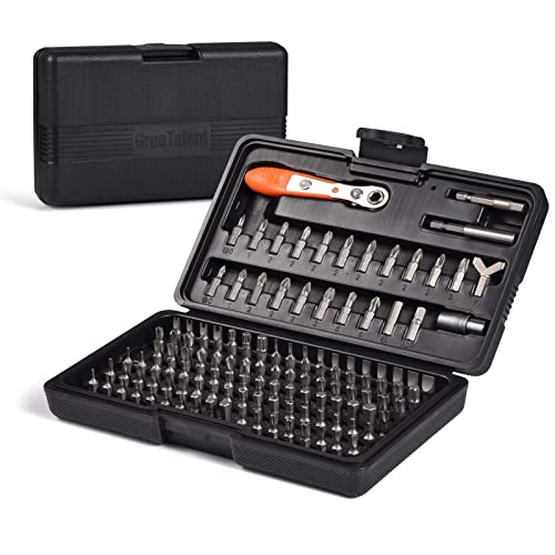 GreaTalent 133in1 Mini Ratchet Wrench Screwdriver Bit Set with 1/4" Hex Shank Phillips/Pozidriv/Hexagon/Torx/Slotted/Square Bits, 36-Tooth Gear, Magnetic Bit Holder, 90 Degree Drive Handle