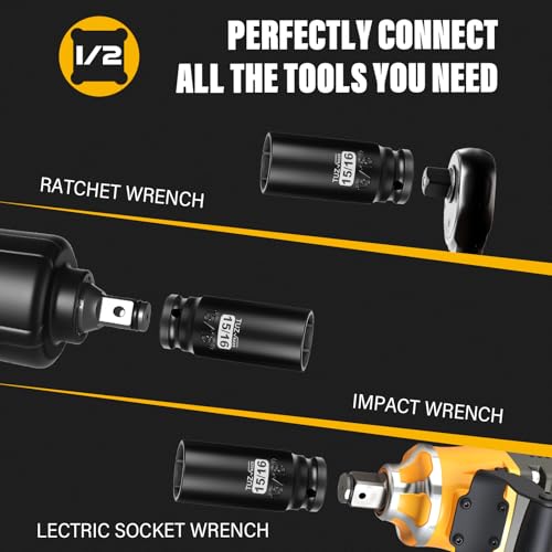 1/2 Inch Drive 15/16 Inch Deep SAE 6 Point CR-MO Impact Socket | Radius Corner Design,Square Chamfered Opening,Axle Nut Impact Grade Socket for Easy Removal - size: 1/2” Drive 15/16 Deep, style: 1/2" Drive Deep Socket