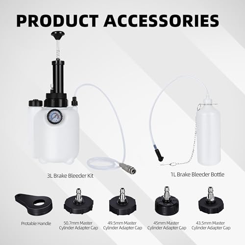 3L Brake Bleeder Kit,Brake Bleeder Vacuum Pump Kit,Brake Fluid Bleeder Kit with 1L Brake Bleeder Bottle and 4 Master Cylinder Adapters,Brake Bleeding Kit Suitable for Most Vehicles (White)