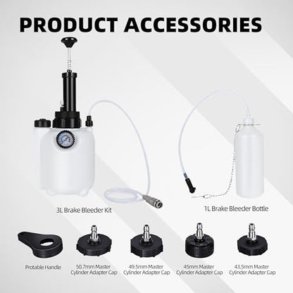 3L Brake Bleeder Kit,Brake Bleeder Vacuum Pump Kit,Brake Fluid Bleeder Kit with 1L Brake Bleeder Bottle and 4 Master Cylinder Adapters,Brake Bleeding Kit Suitable for Most Vehicles (White)