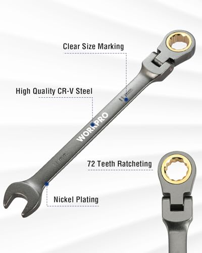 WORKPRO 11 mm Flex-Head Ratcheting Combination Wrench, Cr-V Constructed, Nickel Plating, 72-Teeth, 12 Point Design, Metric - size: 11 mm, style: Nickel Plating