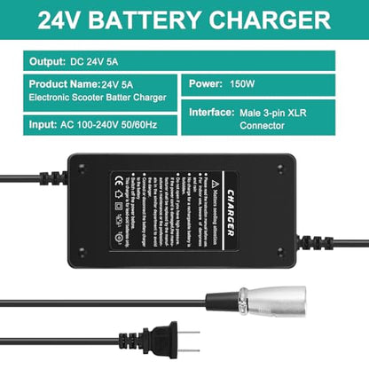 24V 5A Lead-Acid Battery Charger for Lakematic,Pride Mobility, Wheelchair,Drive Medical,Golden Technologies,Shoprider, Jazzy Power Chair, Rascal 200T/500T/301 PC 24BC5000TF-1 EA1065 180 X-CEL