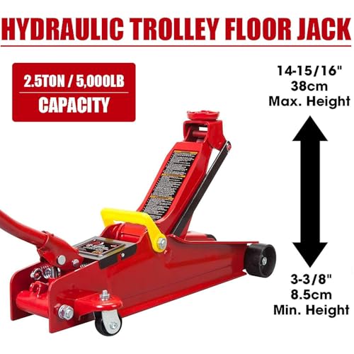 MustMover 2.5 Ton (5,000 lbs) Low Profile Heavy Duty Steel Hydraulic Floor Jack with Single Piston Pump, Lifting Range 3-3/8" to 14-15/16", for Car, Light Truck and SUVs, Red - color: red