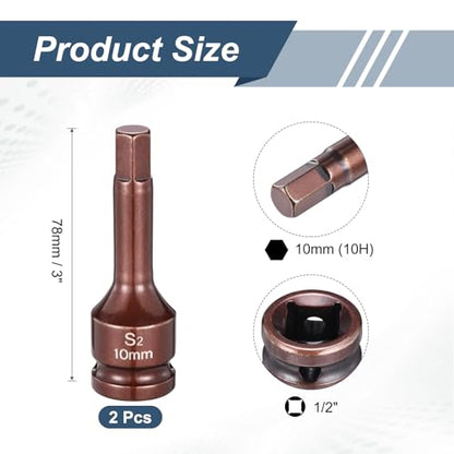 HARFINGTON 2pcs Impact Hex Bit Socket 1/2" Drive 10H (10mm) Hex Bits 3" Length S2 Steel Metric Impact Wrench Socket Adapter Tool for Automotive Repair Industrial Construction and Home DIY - size: H10 x 1/2" x 3"