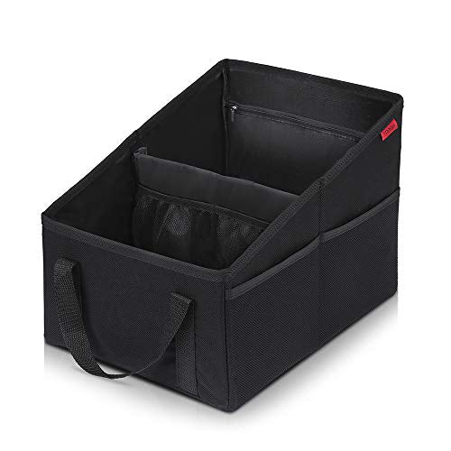 YOOFAN Car Seat Organizer - Passenger Seat Organizer, Collapsible Small Car Seat Storage Organizer for Console Front/Back, Automotive Backseat Organizer with Belt 4 Cup Holders for Kids Accessories - color: Black