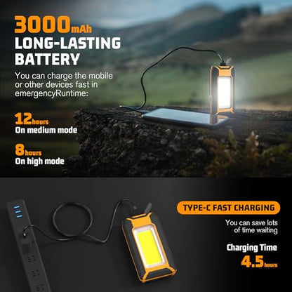 Favorlite 2-Pack Rechargeable LED Work Light, 1600LM Magnetic Portable | Phone Charging, 12-Hr Battery, Waterproof, Car Repair, Camping, Garage & Emergency Use