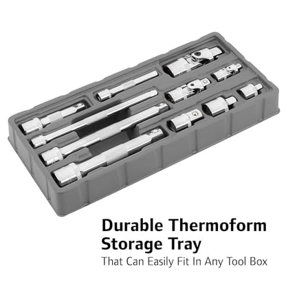 Ingersoll Rand 11-Piece Socket Accessory Set, Chrome Vanadium Steel, Includes U-Joints, Adapters & Extensions in 1/4", 3/8", 1/2" Drive, with Thermoform Organizer Tray – 752055X