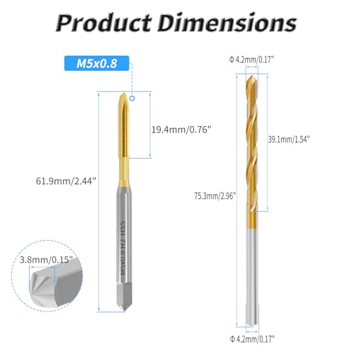 Tap and Drill Bit Set, M5x0.8 Tap + 4.2mm Drill, Titanium Coated | For M5x0.8 Thread Tapping and Drilling, Ti Coated Tap and Twist Drill Combo for Industrial Mechanics Metalworking - size: M5*0.8 + 4.2mm