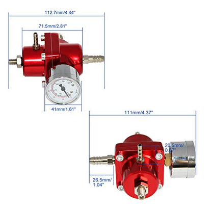 Universal Adjustable Fuel Pressure Regulator Kit with 0-140 PSI Gauge Aluminum Gas Oil Injection Pressure Regulator Red FPR - color: Red
