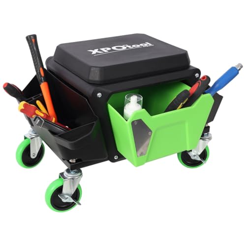 Heavy Duty Rolling Mechanic Stool with Drawer and Tool Trays – 330 lbs Capacity Garage Seat with 4" Locking Wheels, Storage for Auto Detailing, Car Repair, Workshop Use,Green - color: Green