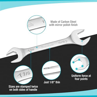 DURATECH Super-Thin Open End Wrench Set, SAE, 8-Piece, Including 1/4", 9/32", 5/16", 3/8", 11/32", 13/32", 7/16", 1/2", 9/16", 11/16", 3/4", 13/16", 7/8", 15/16", 1", 1-1/16", with Rolling Pouch - color: Silver, size: SAE