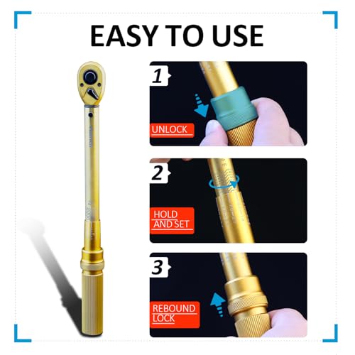 Hairich 1/4 3/8 1/2 inch Drive Click Torque Wrench, 3Pcs Torque Wrench Set 20-240in.lb, 10-45ft.lb, 10-170ft.lb,72-Tooth Dual Range Scales with Quick Release Reversible Head for Car - color: Gold