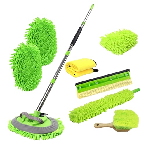 62'' Car Wash Brush Kit - Mitt, Mop, Sponge & Long Handle, Scratch-Free Chenille Replacement Head, Wheel Tire Brush, Car Detailing Kit for Cars, RV, Truck