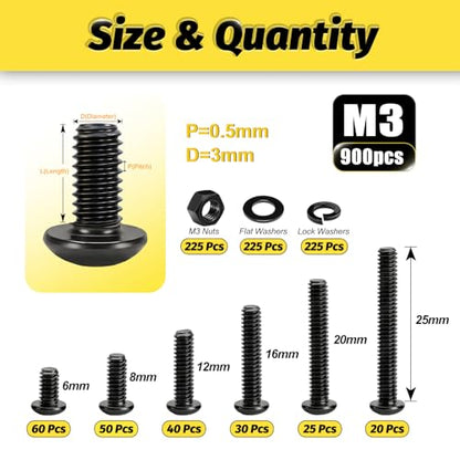 Kadrick 900Pcs M3 Screw Assortment,Machine Screws with Nuts Washers, Grade 10.9 Alloy Steel Hex Socket Button Head Black M3 Bolts Kit,Lenth Form 6mm-25mm - size: M3 900Pcs 6-25mm