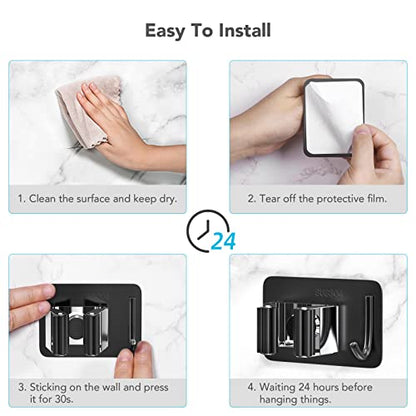 homeasy Mop Broom Holder No Drill, Mop Broom Organizer Wall Mounted Heavy Duty with Hooks Hanger, Self Adhesive Stainless Steel 4Pcs for Bathroom, Kitchen, Office (Multicolor) - color: Black Mix